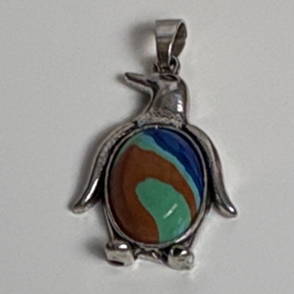 Silver Penguin Pendant with Multicolor Stone necklace